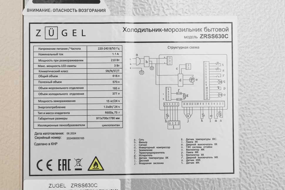Холодильник Side-by-Side Zugel ZRSS630W, белое стекло