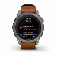 Умные часы Garmin Fenix 7 Pro Sapphire Solar титановый серый с коричневым кожаным ремешком