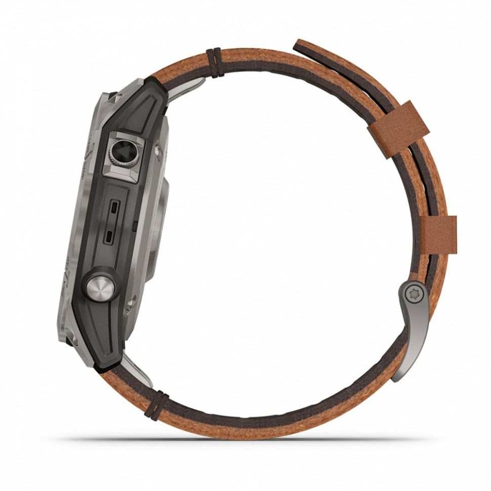 Умные часы Garmin Fenix 7 Pro Sapphire Solar титановый серый с коричневым кожаным ремешком