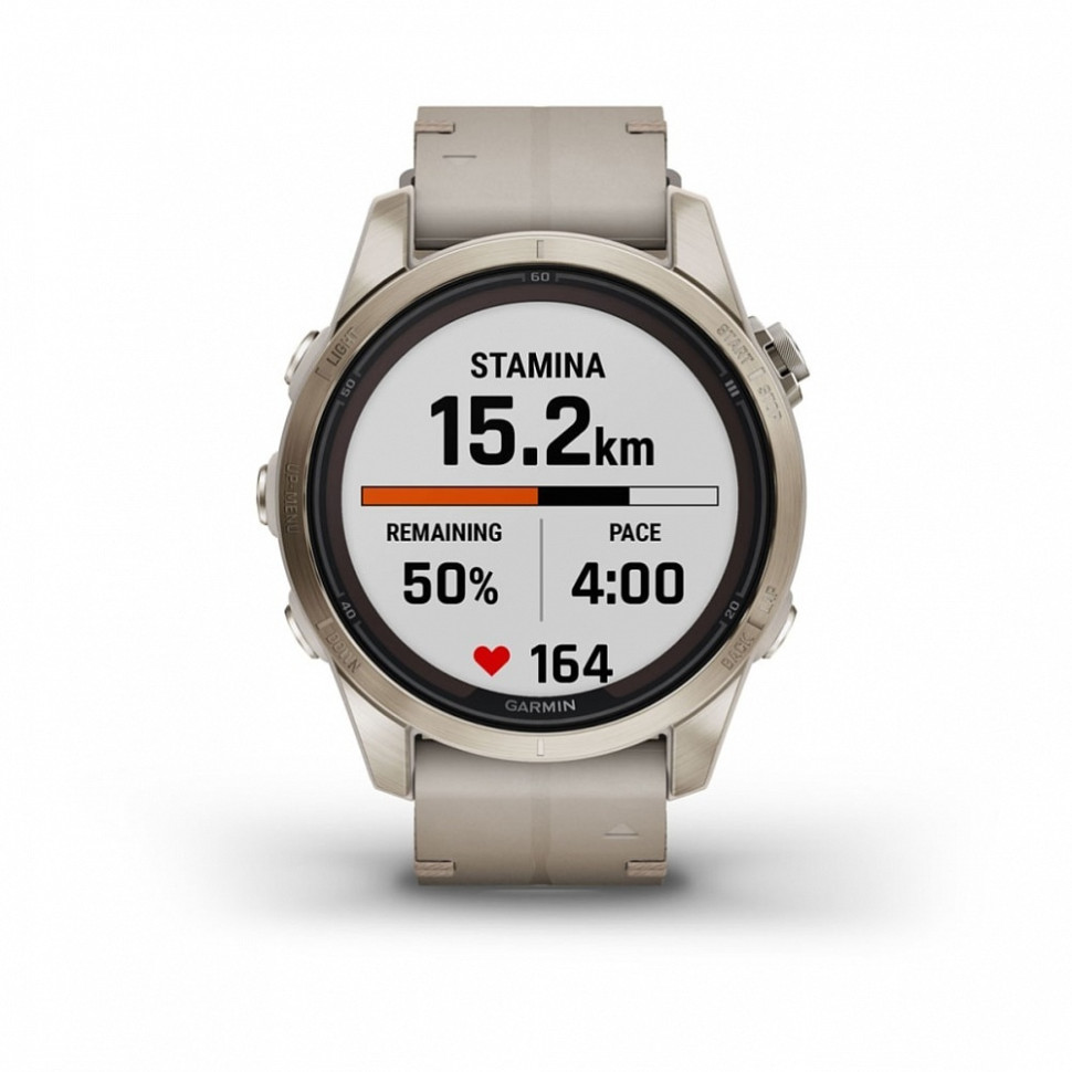 Умные часы Garmin Fenix 7S Pro Sapphire Solar золотистый корпус с кожаным ремешком цвета известняка