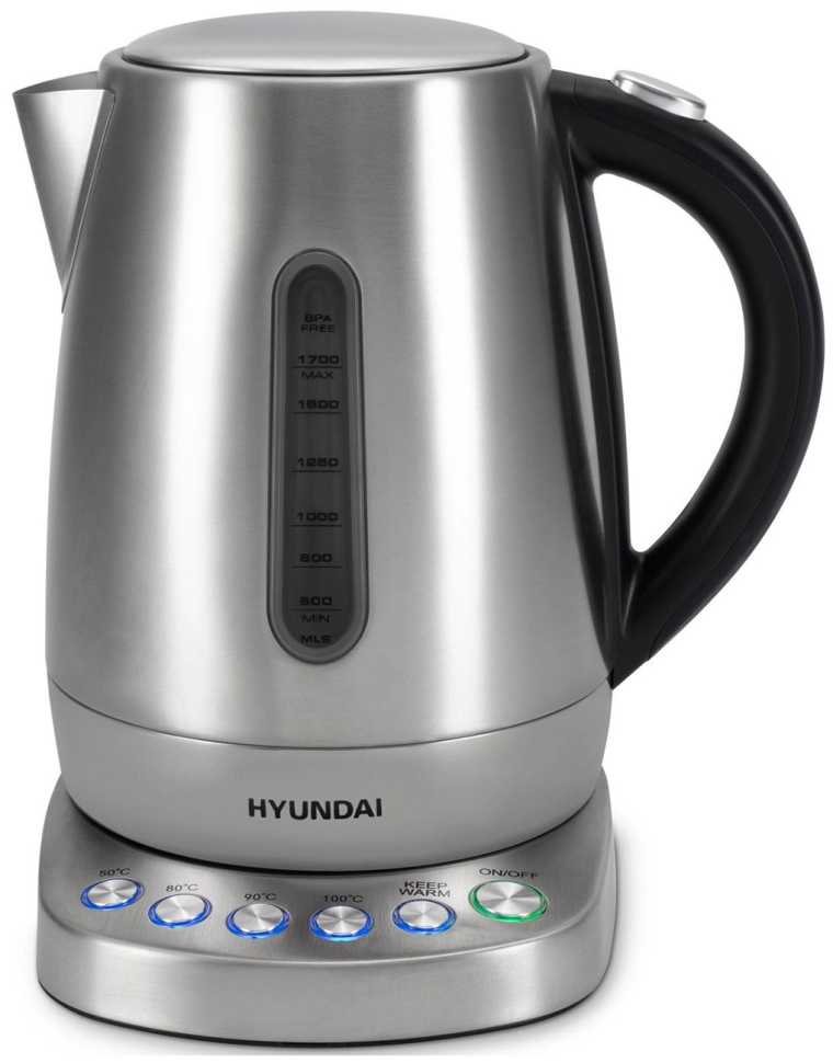 Чайник электрический Hyundai HYK-S7770, 1.7 л., 2200 Вт (серебристый/черный, металл)