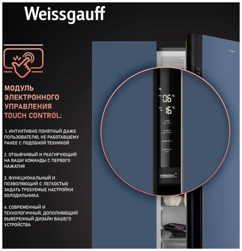 Холодильник Side-by-Side Weissgauff WSBS 600 NoFrost Inverter Blue Glass