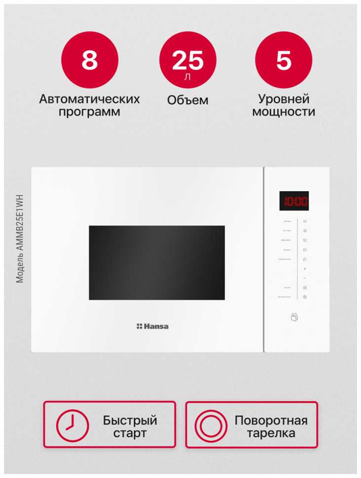 Встраиваемая микроволновая печь СВЧ Hansa AMMB25E1WH, белый