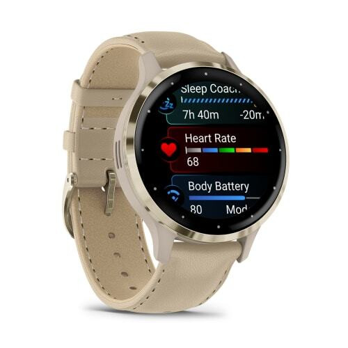 Умные часы Garmin Venu 3S цвета "французский серый" с золотистым безелем и кожаным ремешком